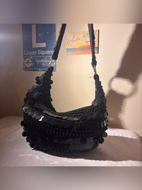 Black Sequin Shoulder Bag - Party Purses - Shiny Handbag - Large Sparkly Sequins